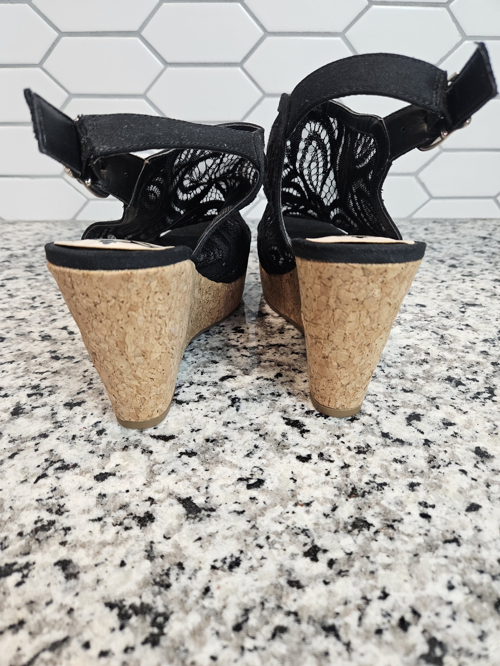 Black Lace Cork Wedge Slingback Sandals - Comfortable Dressy Wedges Size 7.5 - Picture 3 of 7